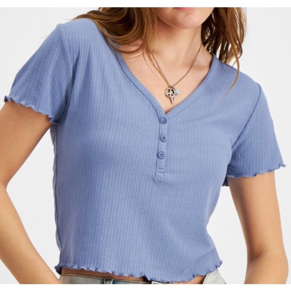 Hippie Rose Juniors' Henley V-Neck Ribbed Top Size M